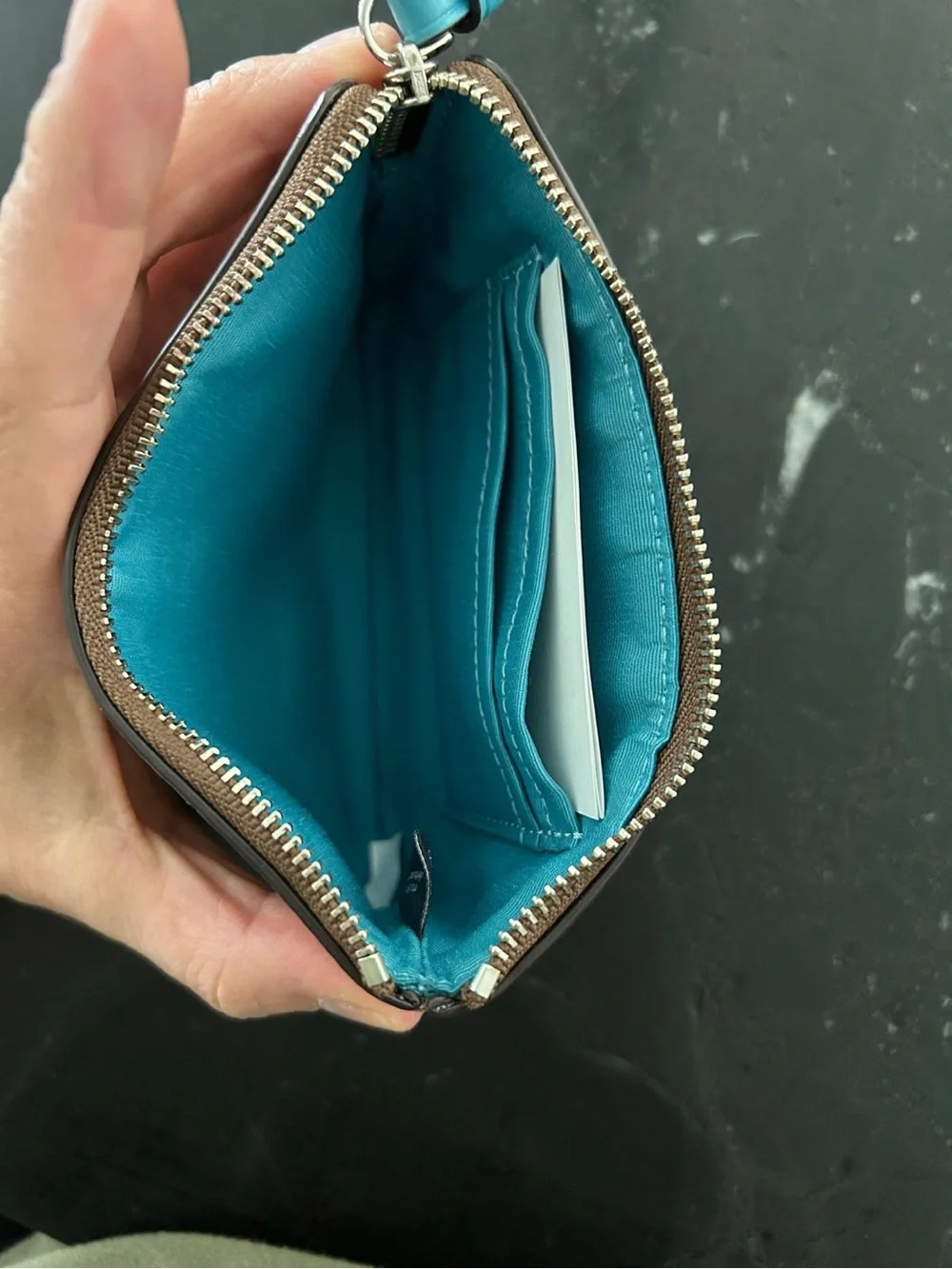 Coach Brown Signature Canvas Wristlet with Turquoise Accent